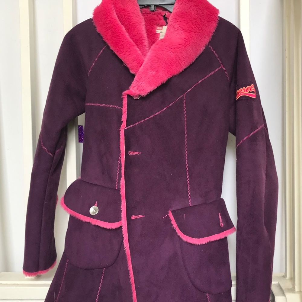 Diesel Y2K Purple Ultra-suede Coat w Hot Pink Faux Fur lining. EUC small
